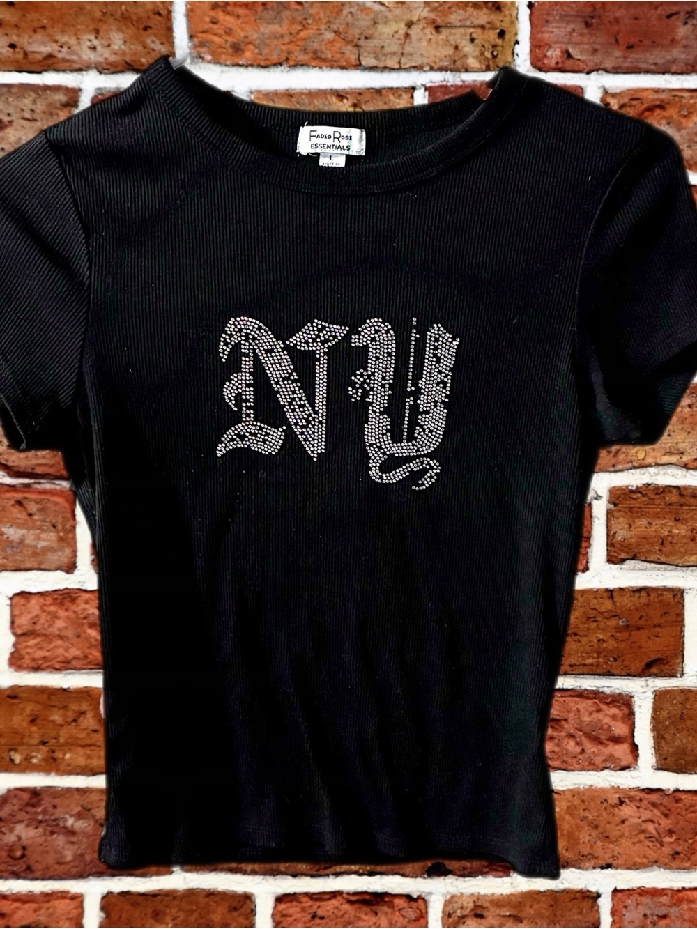 Faded Rose Essentials Black Rhinestone NY Graphic Ribbed Tee